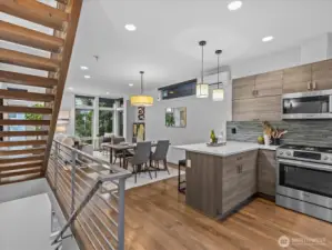 Main level kitchen, dining and living room