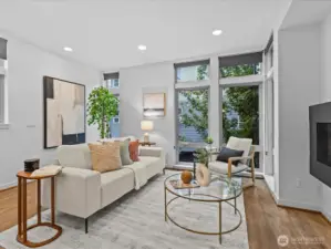 Spacious living room with gas fireplace