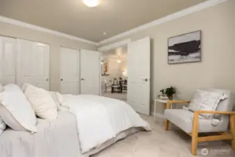 The bedroom has double reach-in closets.