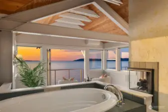 The bathroom was designed to be private while flowing into the vistas.