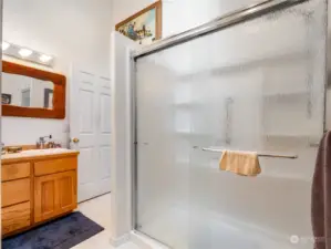 Updated bathroom with large walk in shower