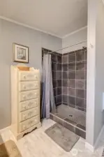 Nicely tiled, step-in shower in primary bathroom.