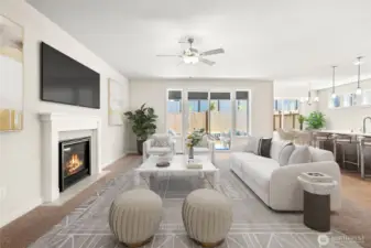 Virtually staged photo of living room that opens to kitchen & dining room