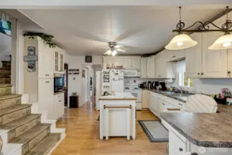 ample storage, island with a pull out for even more counter space