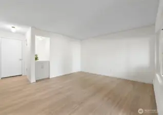 Living room and entry. New cabinet with quartz countertop, perfect for a coffee bar.
