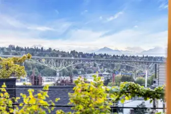 Western view of the Aurora Bridge, Lake Union, Gas Works Park & Olympic Mountains