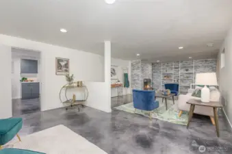 Downstairs great room with fireplace