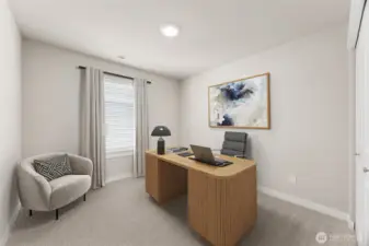 1 of 4 upstairs bedrooms virtually staged as an office.