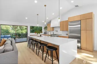 Chef's kitchen with 13ft double waterfall quartz island
