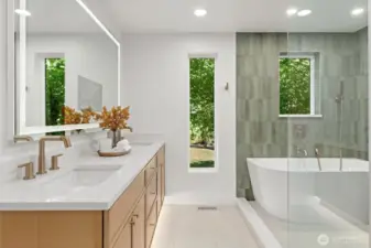 Primary bath suite with radiant heated floors, 12K electric mirror with TV!