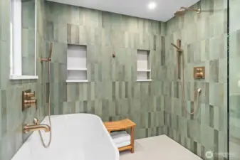 Bedrozian tiled Primary "Wet Room" shower and soaking tub.