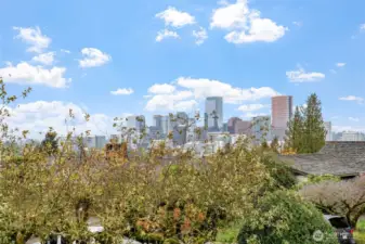 Enjoy stunning views of the Bellevue skyline from the deck, framed by mature landscaping and treetops. This elevated vantage point offers a peaceful backdrop with city charm.