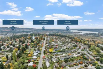 Enjoy nearby amenities with T-Mobile headquarters and Factoria Mall both under 2 miles away. Renton is also easily accessible at just 8.4 miles, offering additional shopping, dining, and recreational options.