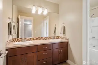 Main bathroom features double sinks, plenty of cabinet and counter space and a separate shower/toilet room.