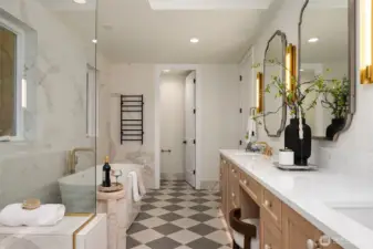 his angle highlights the thoughtful layout of the primary bathroom, featuring radiant heated floors, motion-sensor toe-kick lighting, dual vanity with designer lighting, and a glass-enclosed shower paired with a sculptural soaking tub.