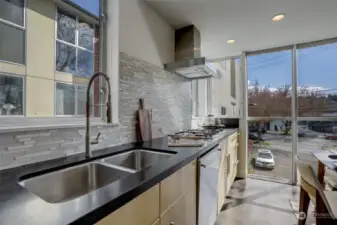 Kitchen with floor to ceiling aluminum windows with up-down shades, great for natural light and privacy!