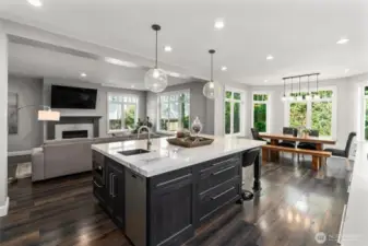 An expansive porcelain island anchors the great room, ideal for entertaining.