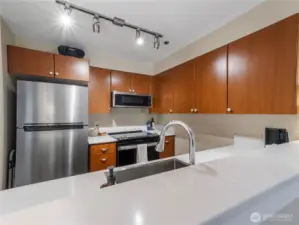 The beautifully updated kitchen with quartz surfaces, stainless steel appliances, and warm-toned LVP floors.