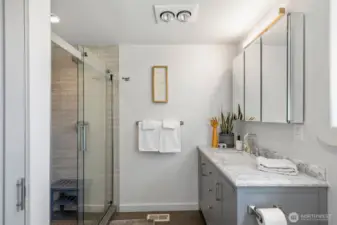En-suite primary bathroom with great vanity & mirror storage and a linen closet