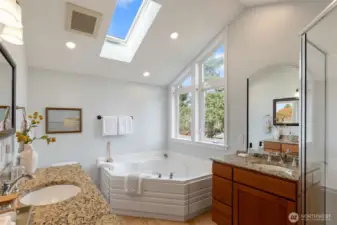 5 piece primary bathroom with vaulted ceilings, skylights and soaking tub.