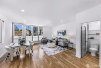 Main level family room with powder room to the right.