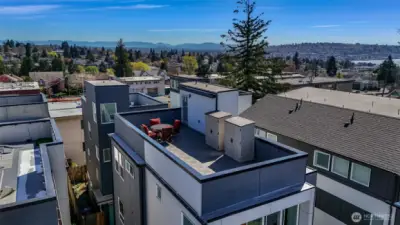 Super large rooftop deck with storage, views of Lake Union and Mt Rainier.