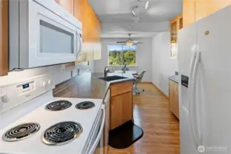 Kitchen view looking toward the dining area and the view window