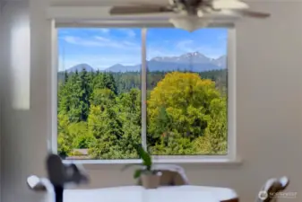 View thru the dining area window looking at the Olympic mountain range (north end)
