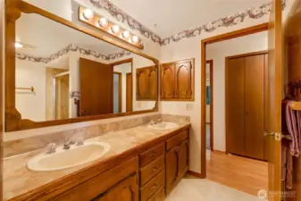 Full bath also boasts dual sinks and tons of counter and cabinet space.