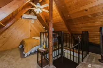 The loft provides two charming spaces—use one as a bedroom and the other as an office, or turn them into two separate sleeping hideaways.