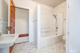 Second floor bathroom with vintage pedestal sink