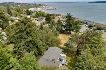 Arial view towards the downtown area, the marina, Port Townsend Bay and Admiralty Inlet