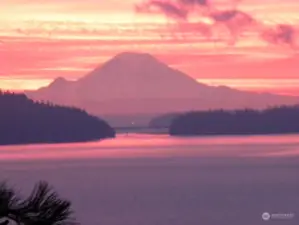 Sunrise view of Mount Rainier enhanced just beyond the Indian Island Bridge.