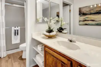 A large bathroom vanity and mirror make getting ready quicker.