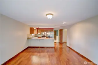 Spacious family room looking toward the kitchen
