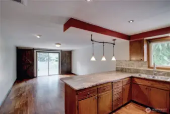 Looking into the family room with large barn doors
