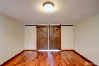Barn doors slid closed for privacy