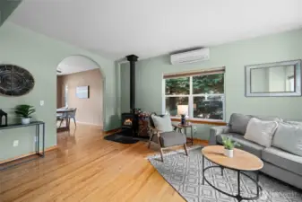 Cozy Wood Burning Stove in Living Area.