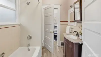 This shared Jack & Jill bath offers both function and privacy.
