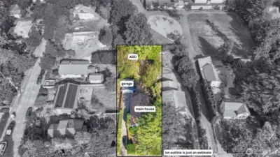 Aerial view showcasing the lot size and layout of main house, garage and the ADU.