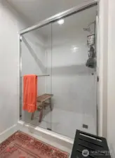 Oversized, tiled shower with glass doors and space for a seat.