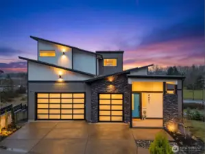 Modern exterior of a contemporary home for sale in the River Rock subdivision, featuring clean architectural lines, stone accents, a spacious driveway, and attached garage. Aerial and front views highlight its setting within the scenic River Rock community surrounded by natural greenery.