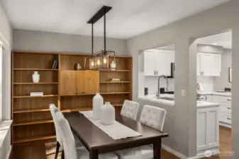 The built-in Danish Mid-Century shelving come with the home