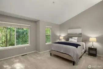 Spacious primary suite has vaulted ceilings