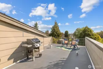 Rooftop deck with city skyline and Olympic Mountain views