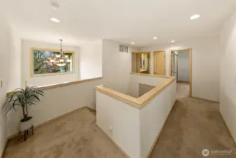 Upper-level landing connects bedrooms and flexible spaces with separation from the main living areas.