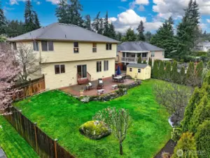 Professionally landscaped grounds with evergreens, Japanese maples, palm, and apple trees provide privacy and visual interest.