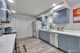 A pantry in the kitchen offers added storage space.
