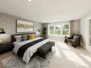Huge primary suite accommodates a king size mattress and more. Actual home is under construction and finishes, materials, and colors will vary. See site agent for details.