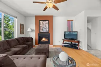 Cozy gas fireplace on accent wall is the centerpiece of the living space.